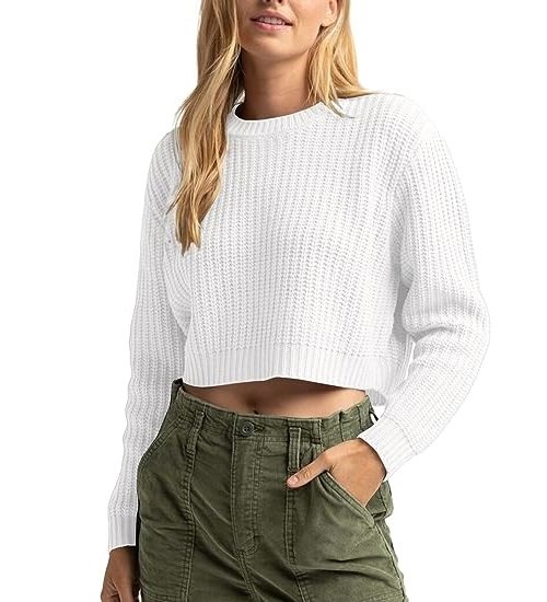Women's Cropped Sweater Knit Long Sleeve Crewneck Soft Pullover Sweater
