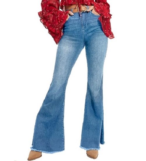 Women's High Waisted Bell Bottom Jeans Stretch Casual Raw Hem Denim Pants