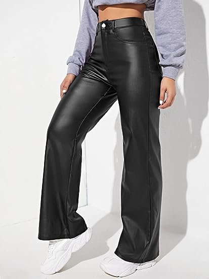 Women's High Waist Pockets Straight Leg Jeans Leather Look Pants