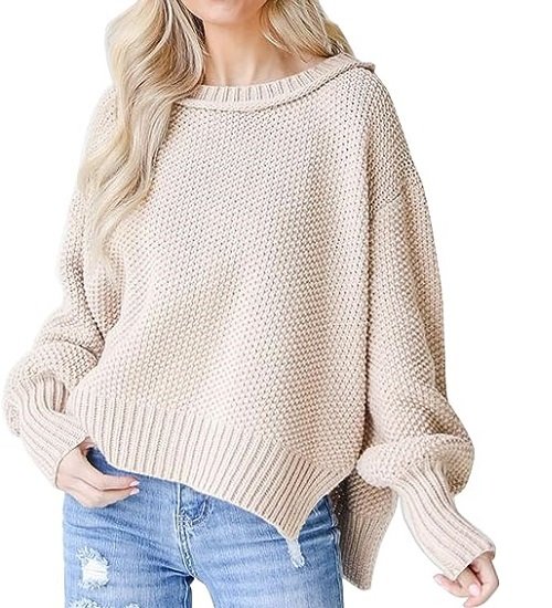 Women's Oversized Casual Batwing Long Sleeve Crew Neck Chunky Rib Knit Pullover Solid Color Sweater Top Side Slits