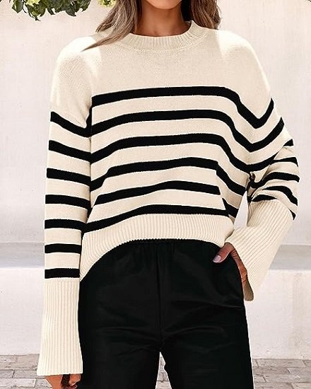Women's Fall Winter Casual Oversized Long Sleeve Striped Sweater Crew Neck Ribbed Knit Side Slit Pullover